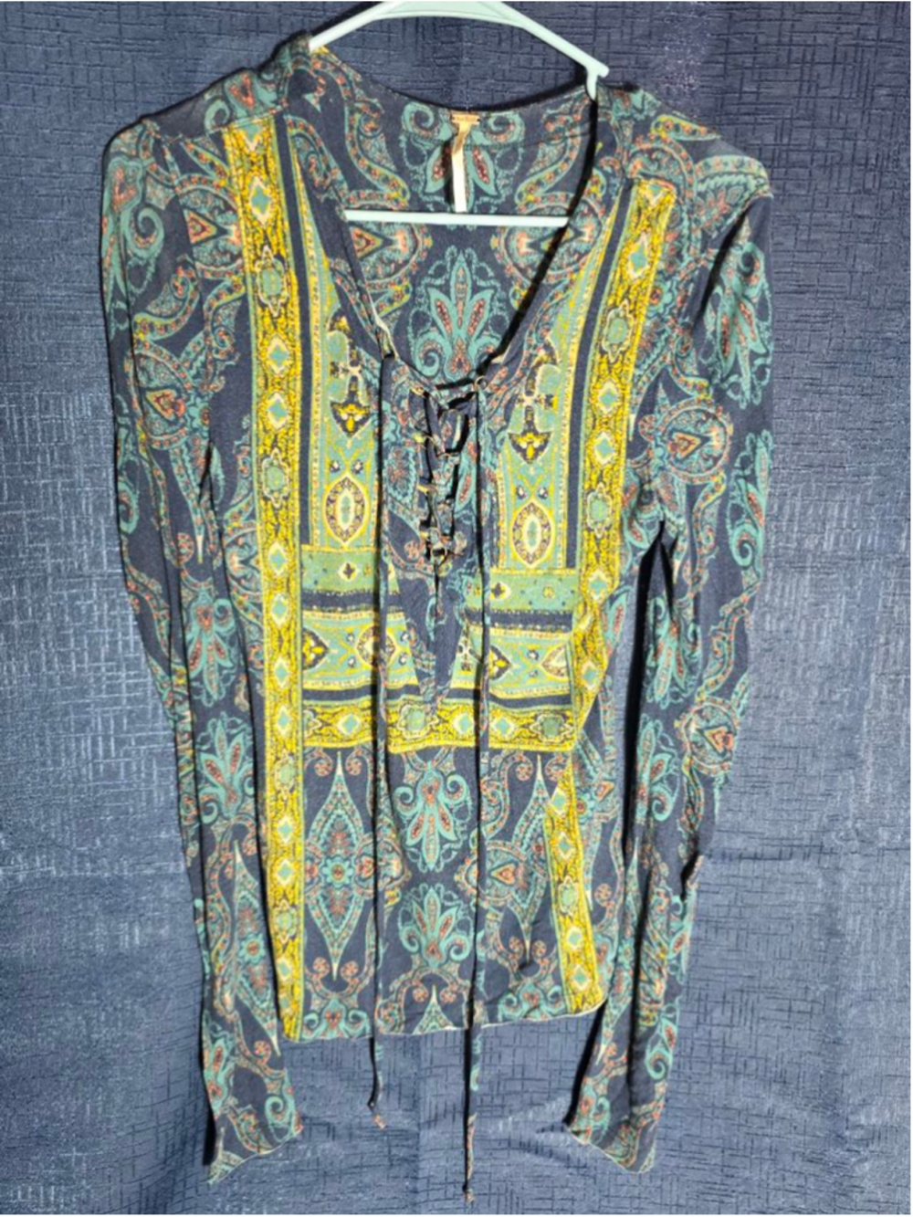 Women's Free People Long Sleeve Tee S Navy Teal Paisley Lace-Up y2k boho